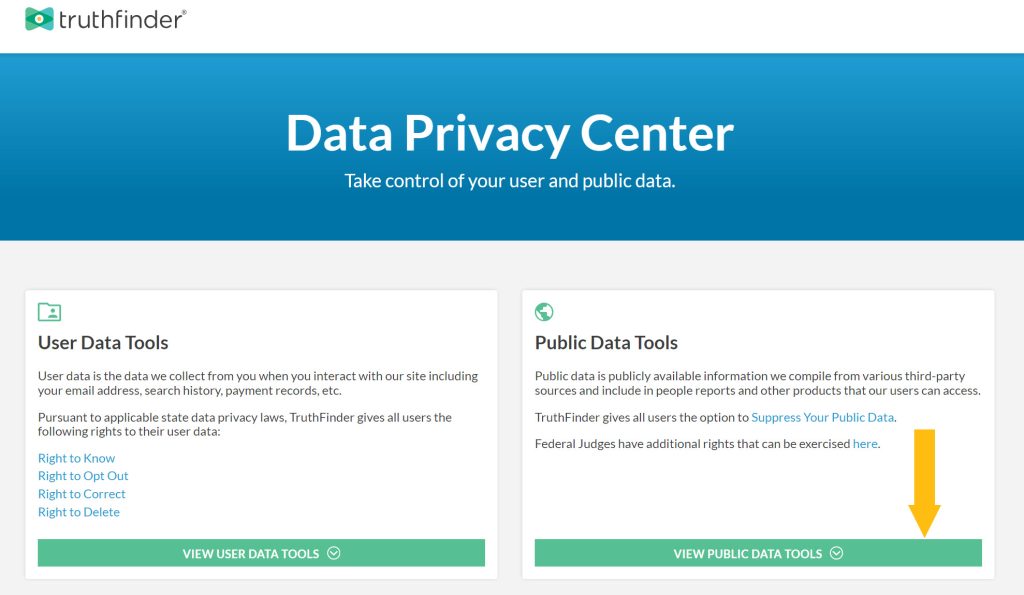 TruthFinder data privacy center view public data tools