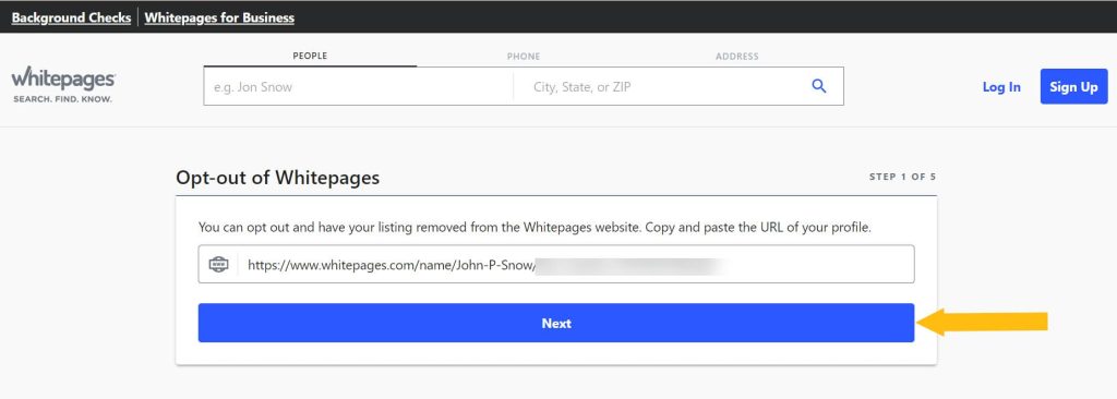 Pasting the URL of your record on Whitepages to proceed with the opt-out process