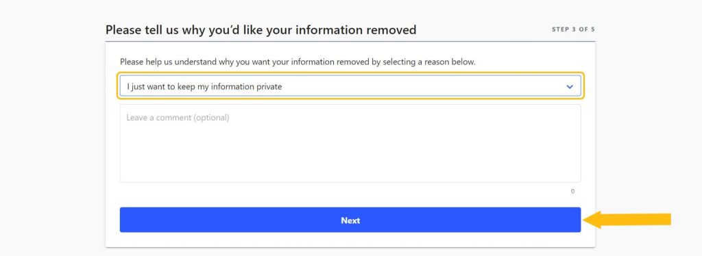 Submitting the reason behind Whitepages opt-out request